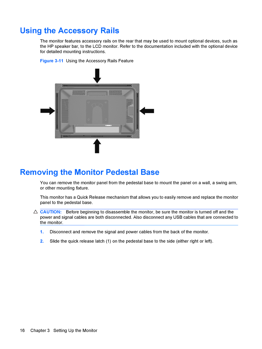 HP LP2275w 22-inch manual Using the Accessory Rails, Removing the Monitor Pedestal Base 