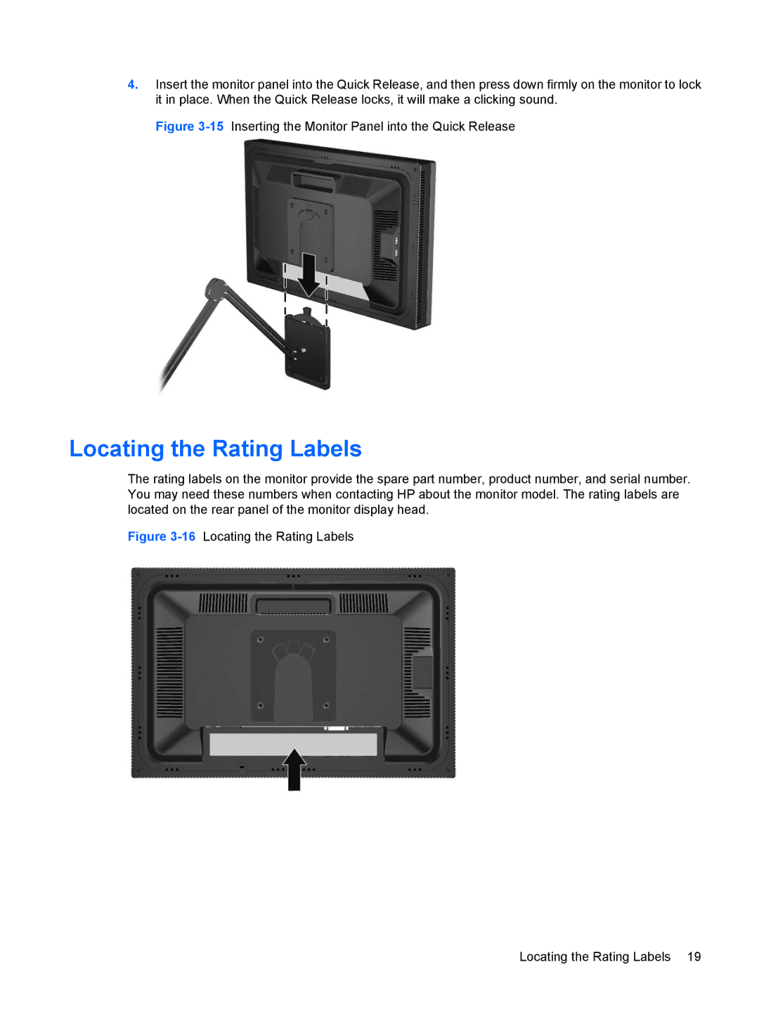 HP LP2275w 22-inch manual Locating the Rating Labels, 15Inserting the Monitor Panel into the Quick Release 