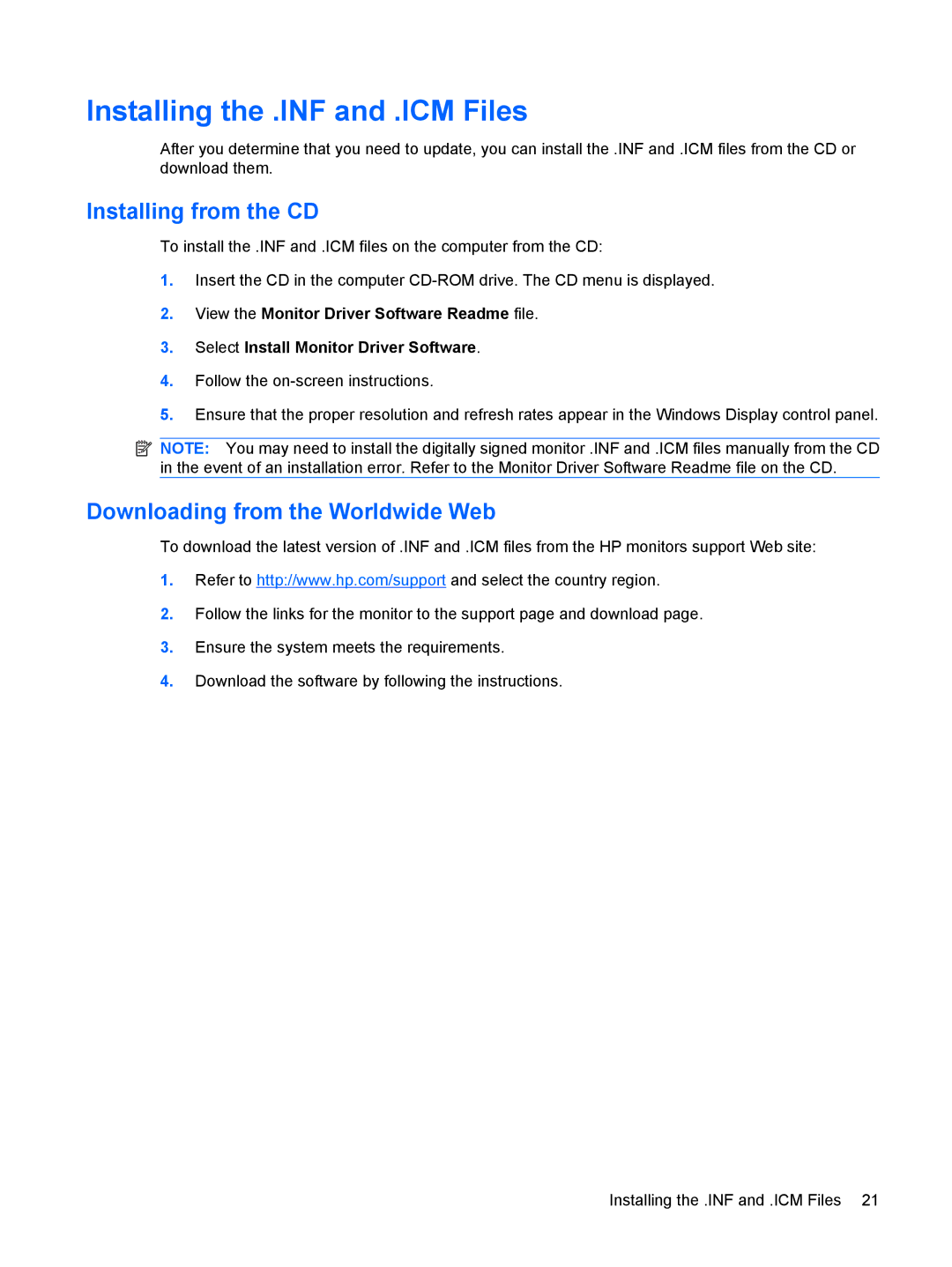 HP LP2275w 22-inch manual Installing the .INF and .ICM Files, Installing from the CD, Downloading from the Worldwide Web 
