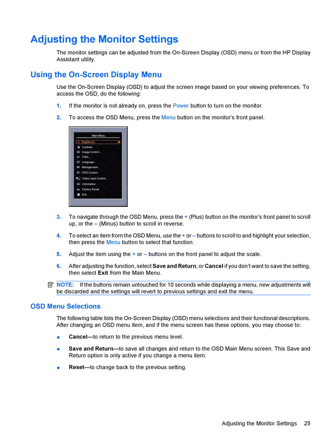 HP LP2275w 22-inch manual Adjusting the Monitor Settings, Using the On-Screen Display Menu 