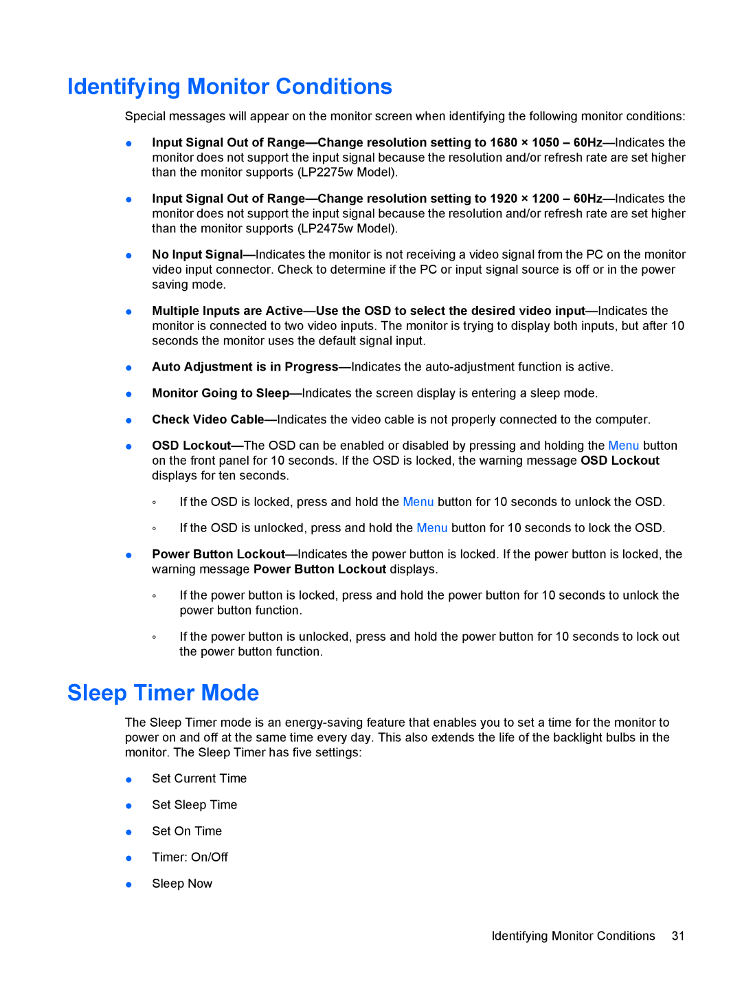 HP LP2275w 22-inch manual Identifying Monitor Conditions, Sleep Timer Mode 