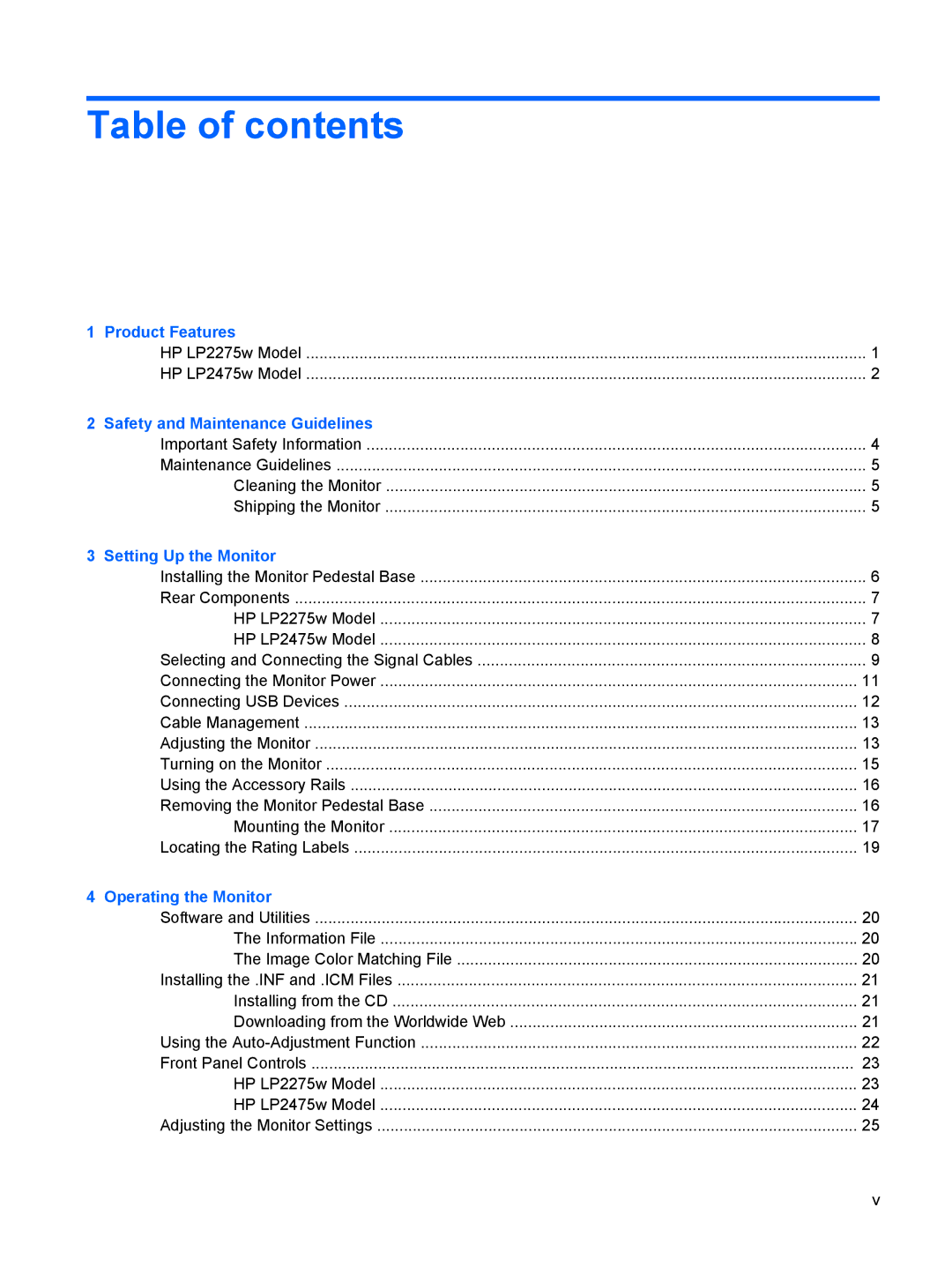 HP LP2275w 22-inch manual Table of contents 