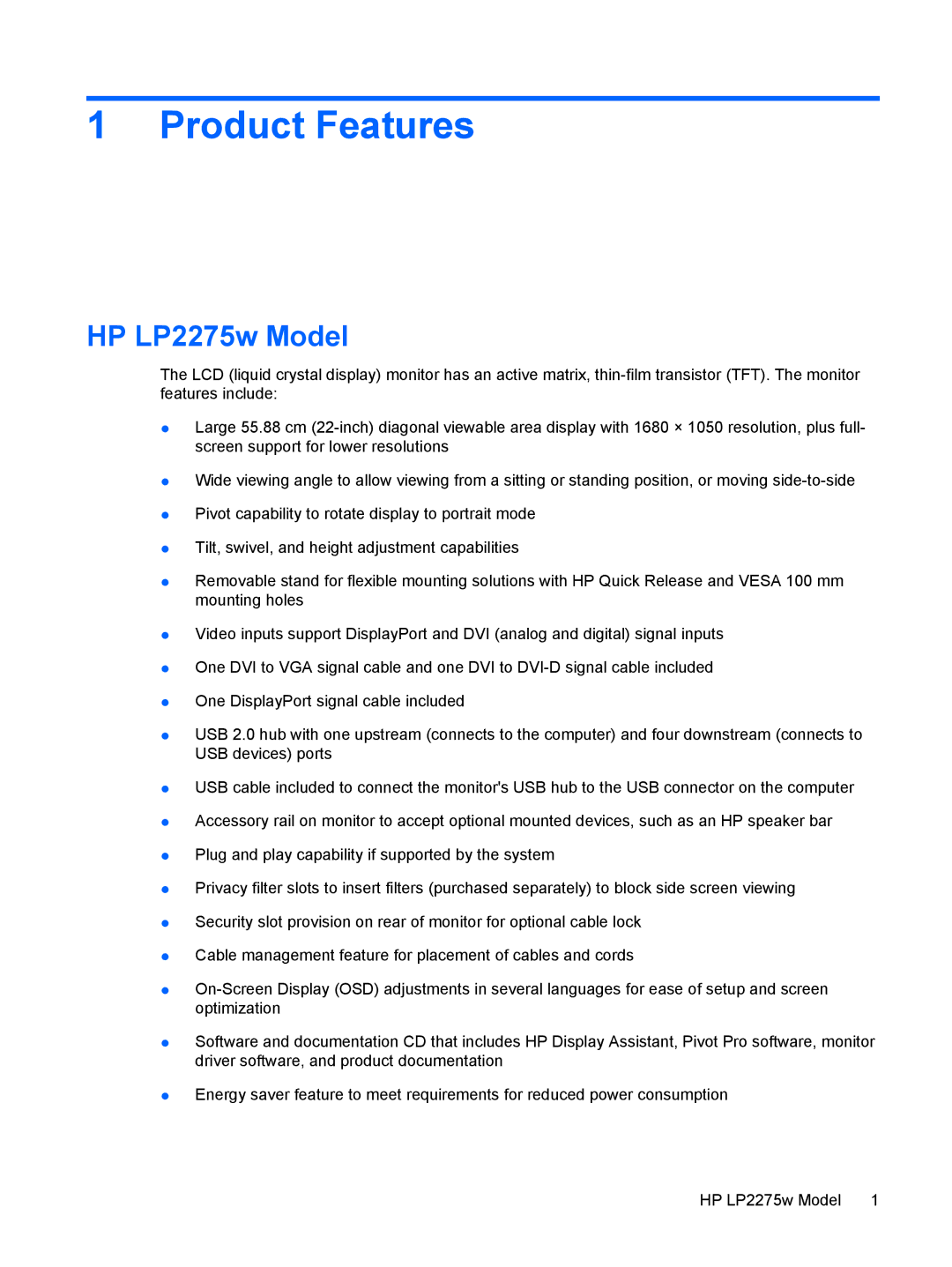 HP LP2275w 22-inch manual Product Features, HP LP2275w Model 