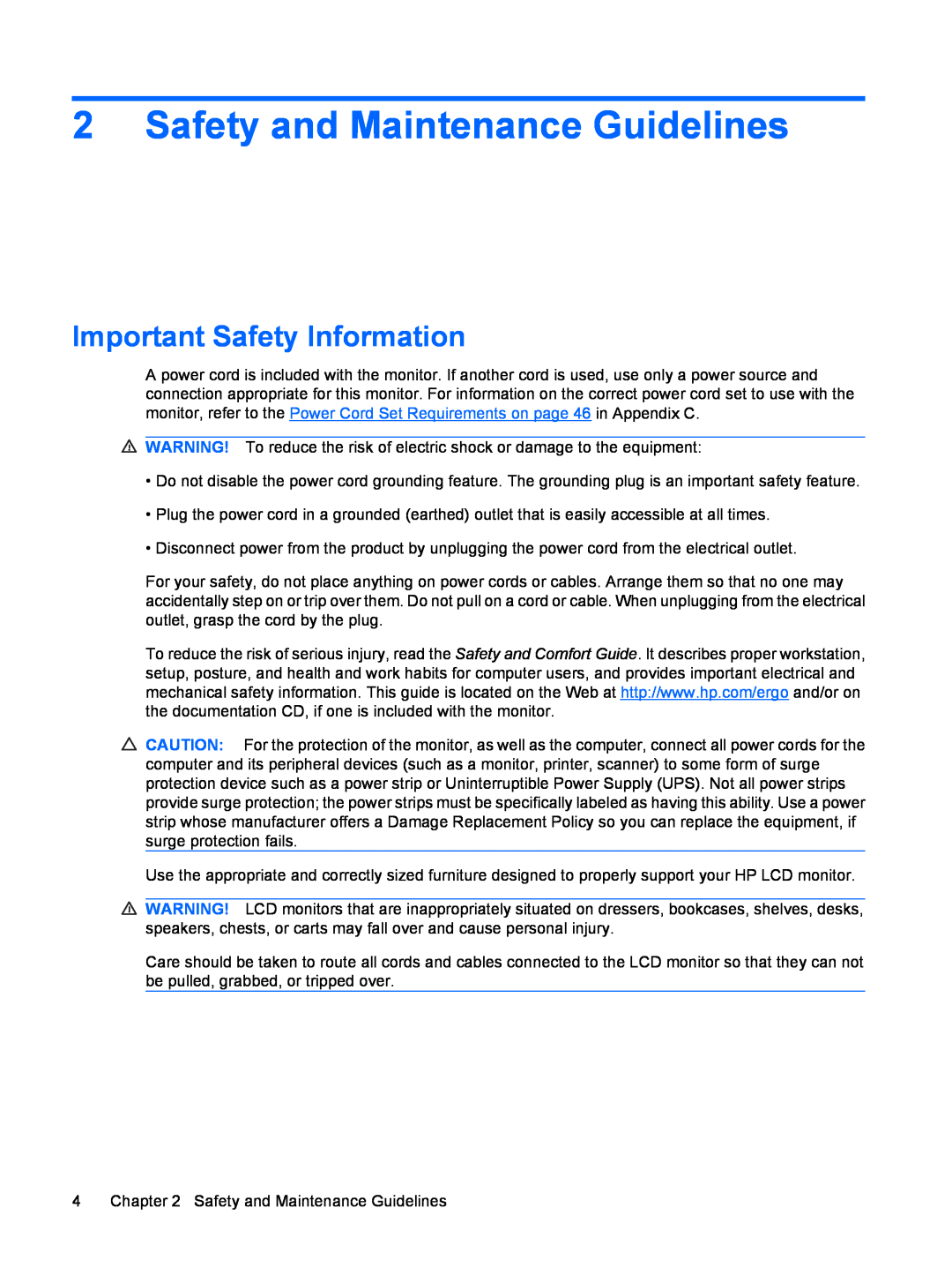 HP LP2275w manual Safety and Maintenance Guidelines, Important Safety Information 