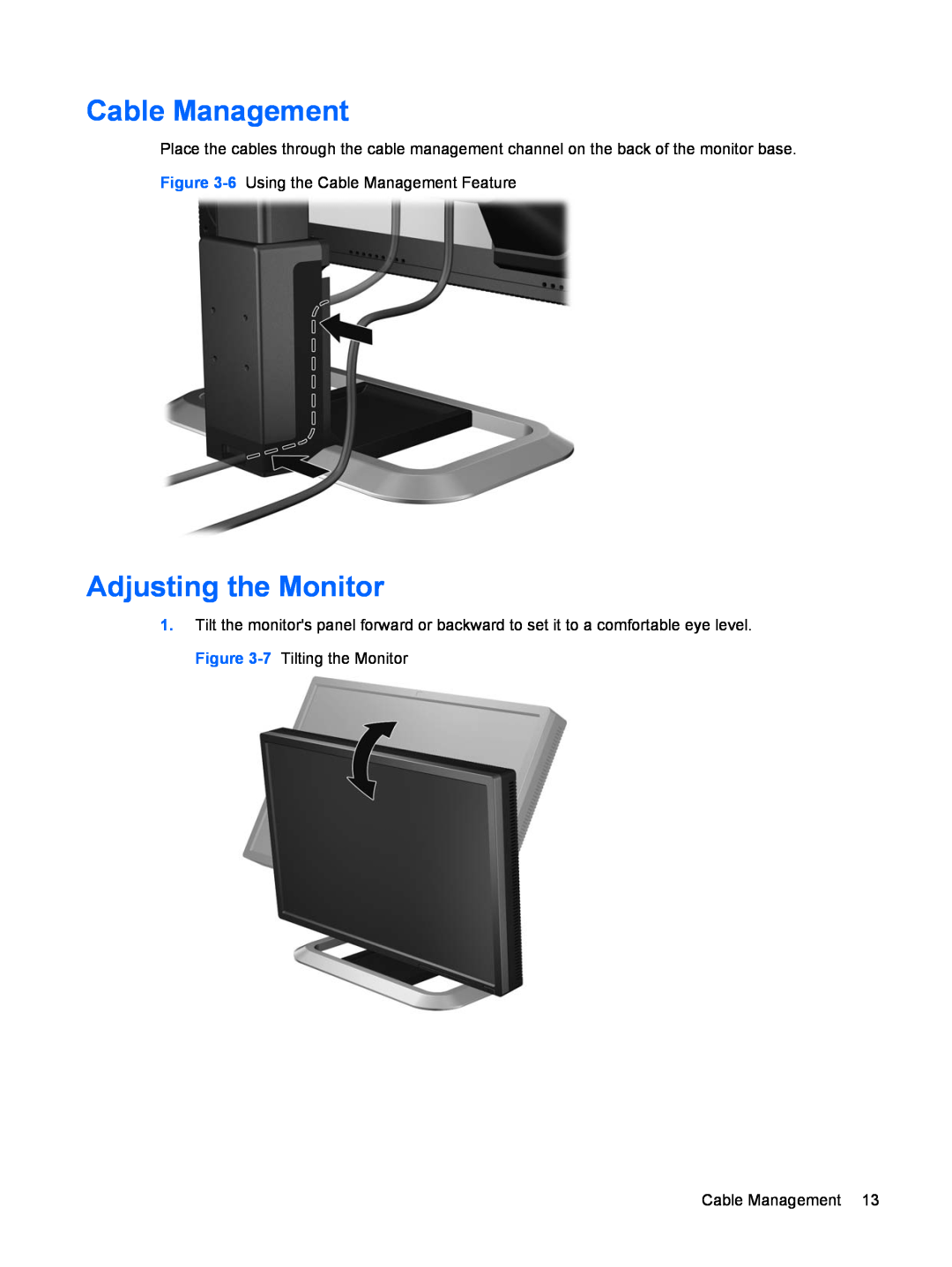 HP LP2275w manual Cable Management, Adjusting the Monitor 