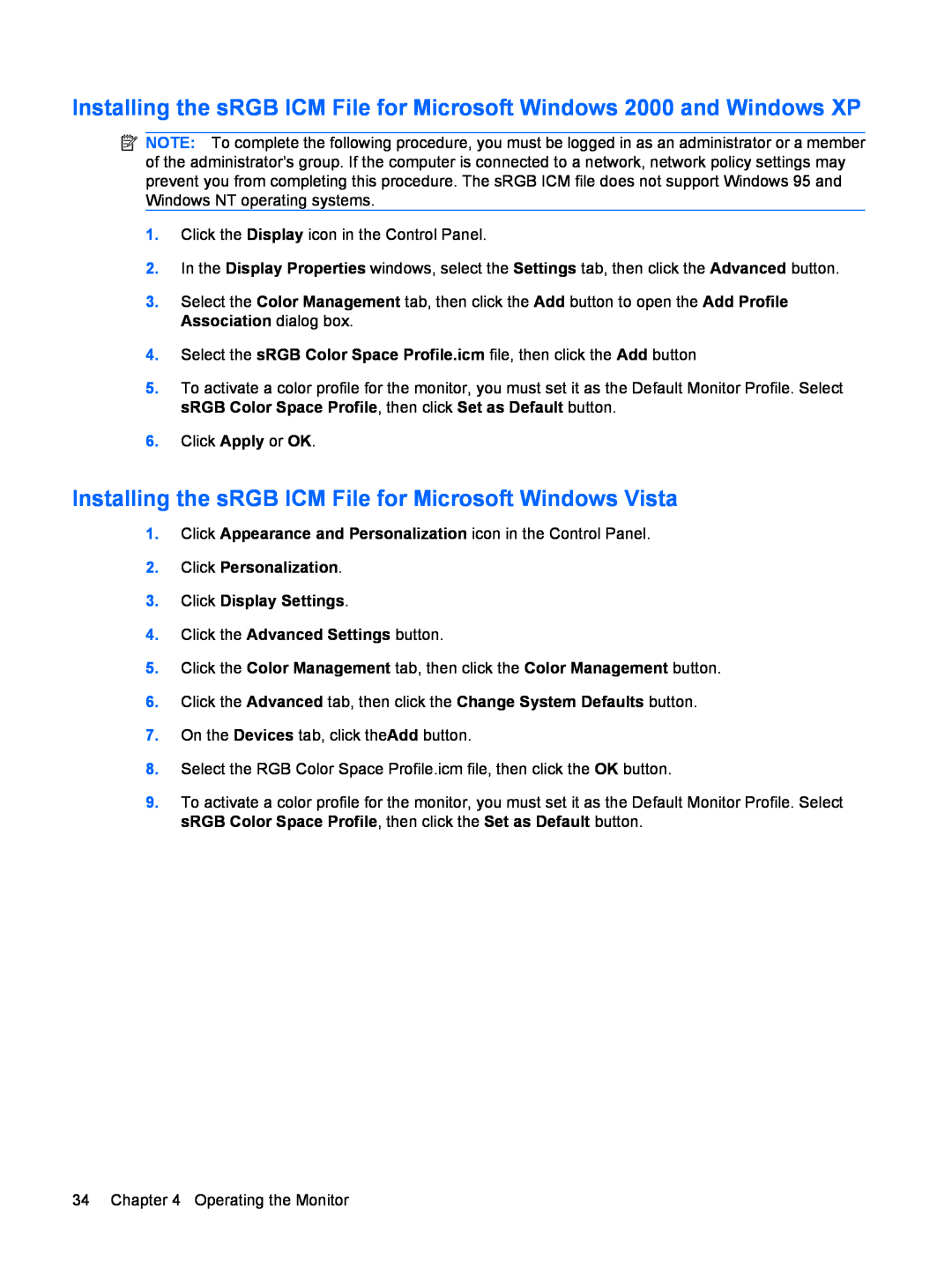HP LP2275w manual Installing the sRGB ICM File for Microsoft Windows Vista, Click Personalization 3. Click Display Settings 