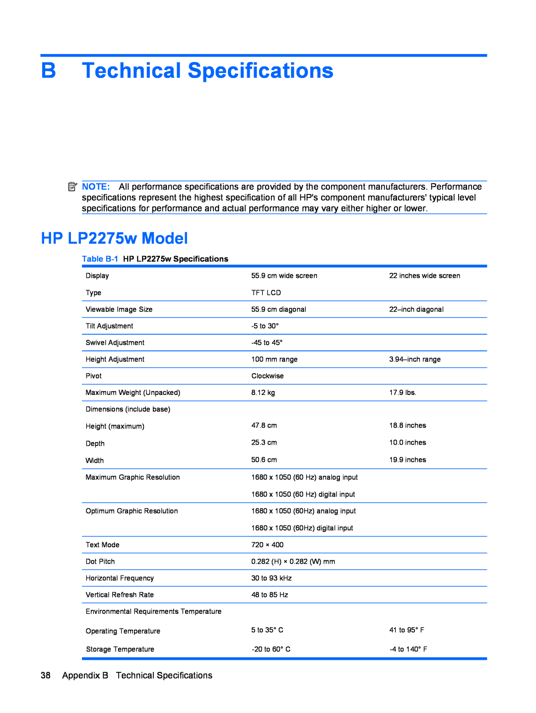HP manual HP LP2275w Model, Appendix B Technical Specifications, Table B-1 HP LP2275w Specifications 