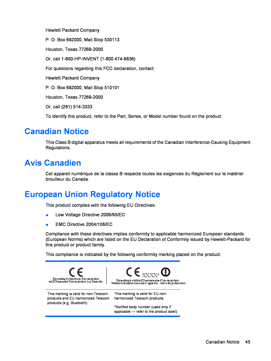 HP LP2275w manual Canadian Notice, Avis Canadien, European Union Regulatory Notice 