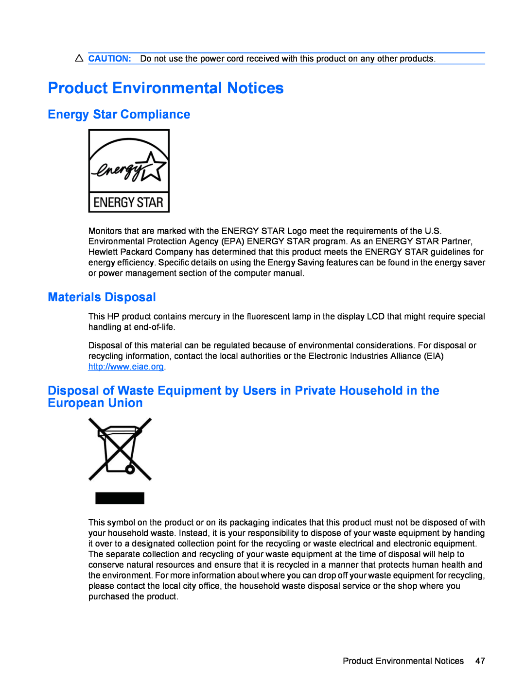 HP LP2275w manual Product Environmental Notices, Energy Star Compliance, Materials Disposal 