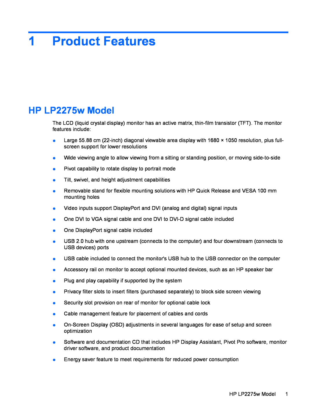 HP manual Product Features, HP LP2275w Model 