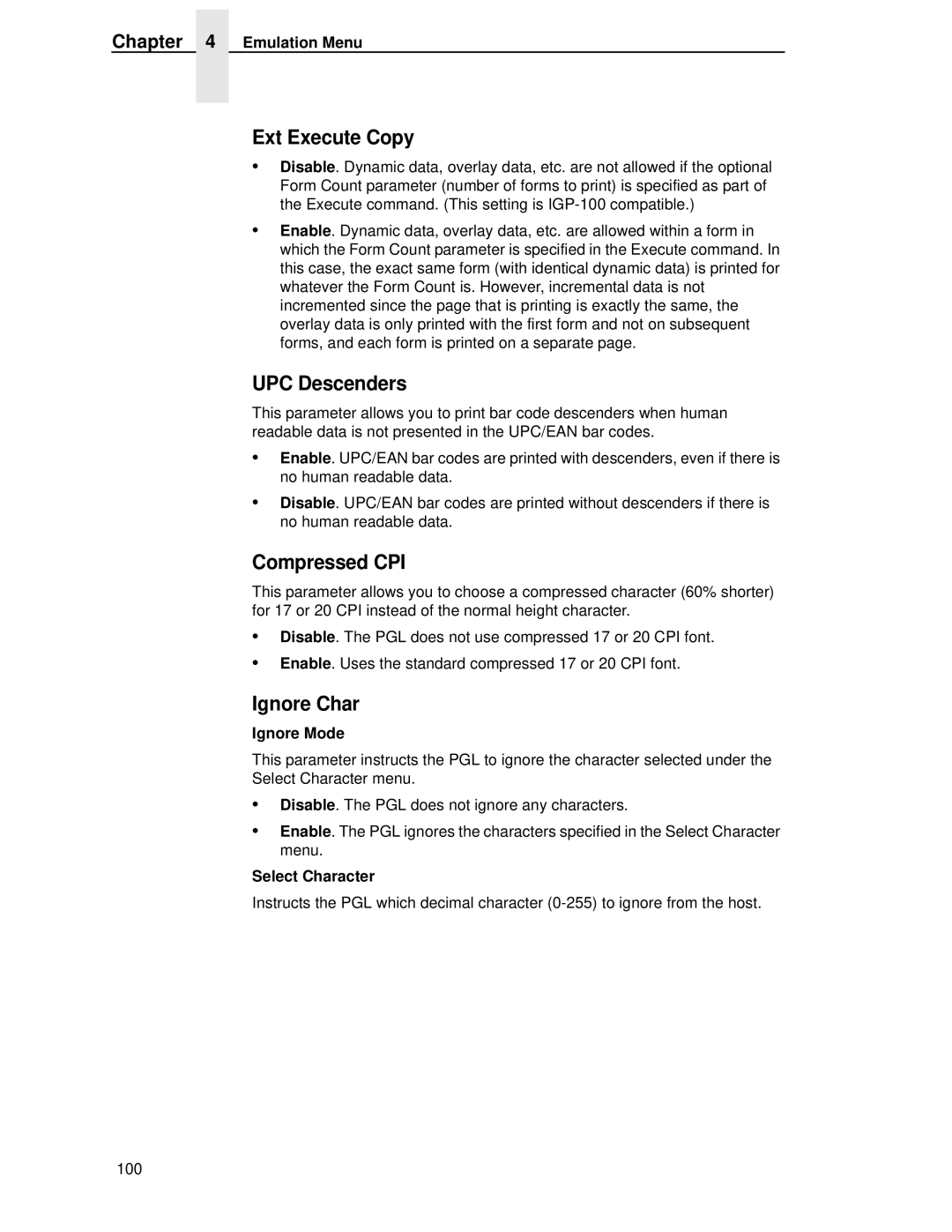 HP LQH-HW 3ULQWHUV manual Ext Execute Copy, UPC Descenders, Compressed CPI, Ignore Char 