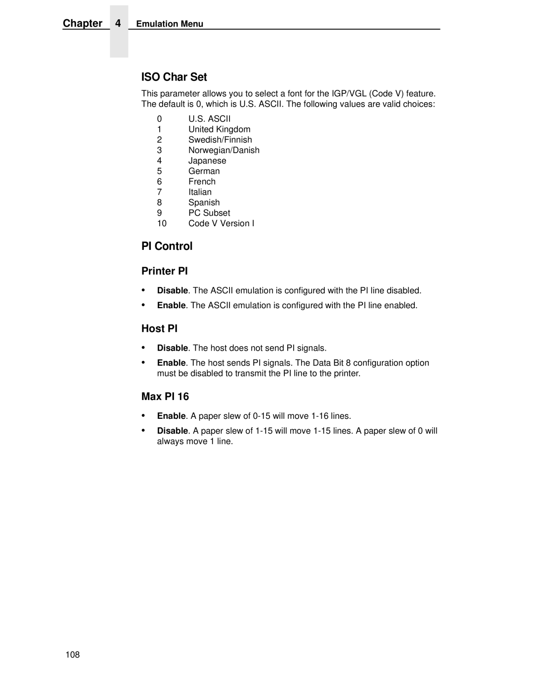 HP LQH-HW 3ULQWHUV manual ISO Char Set, PI Control 