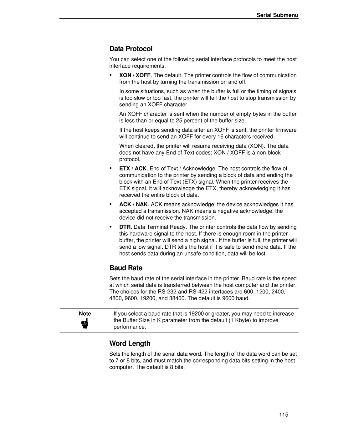 HP LQH-HW 3ULQWHUV manual Data Protocol, Baud Rate, Word Length, Serial Submenu 