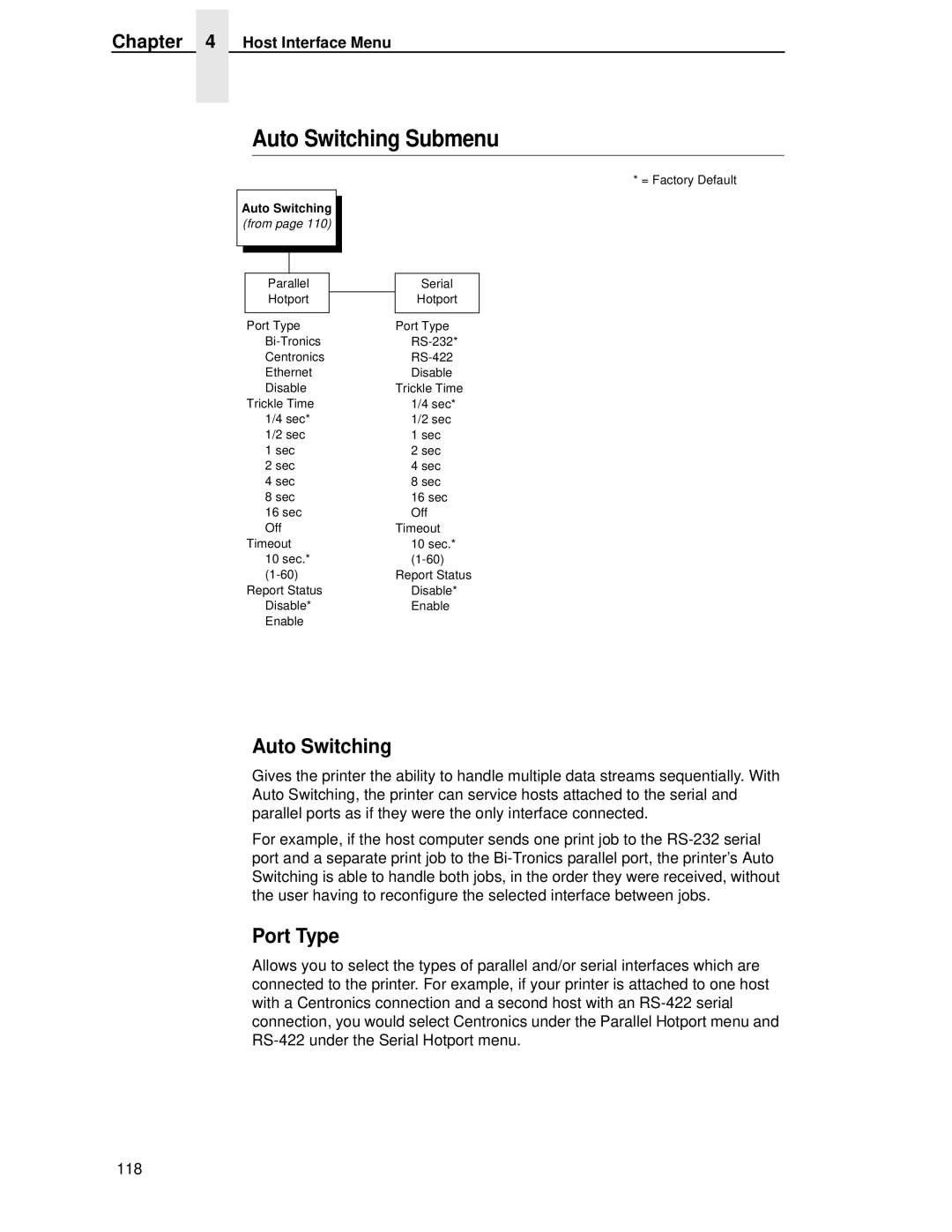 HP LQH-HW 3ULQWHUV manual Auto Switching Submenu, Port Type 