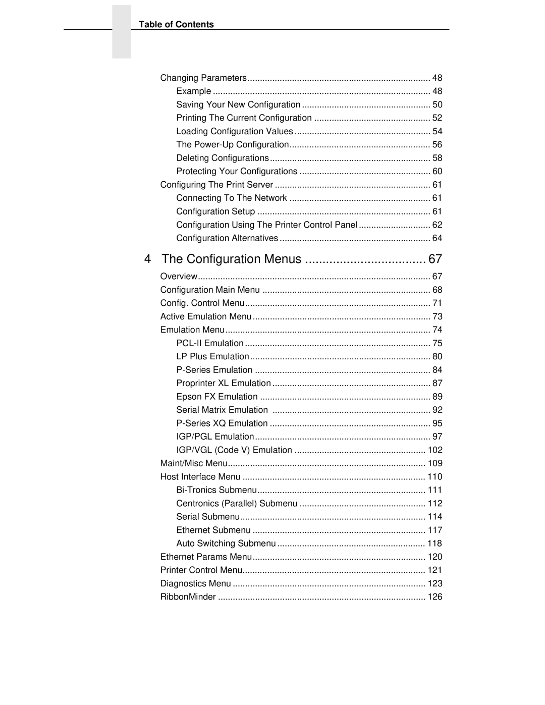 HP LQH-HW 3ULQWHUV manual Configuration Menus, Table of Contents 