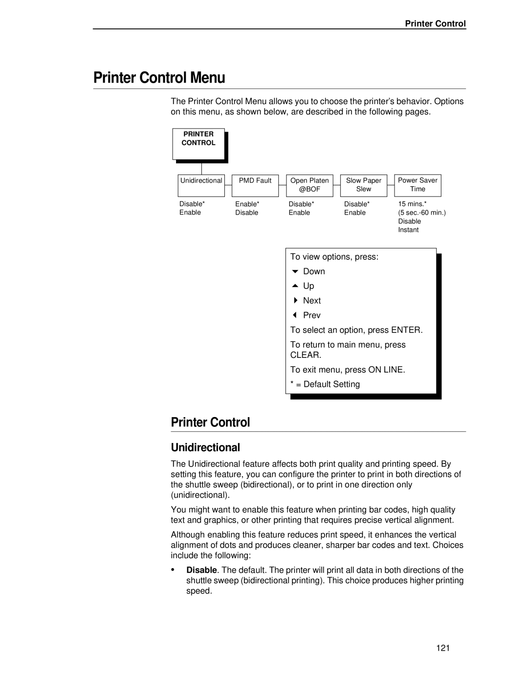 HP LQH-HW 3ULQWHUV manual Printer Control Menu, Unidirectional 