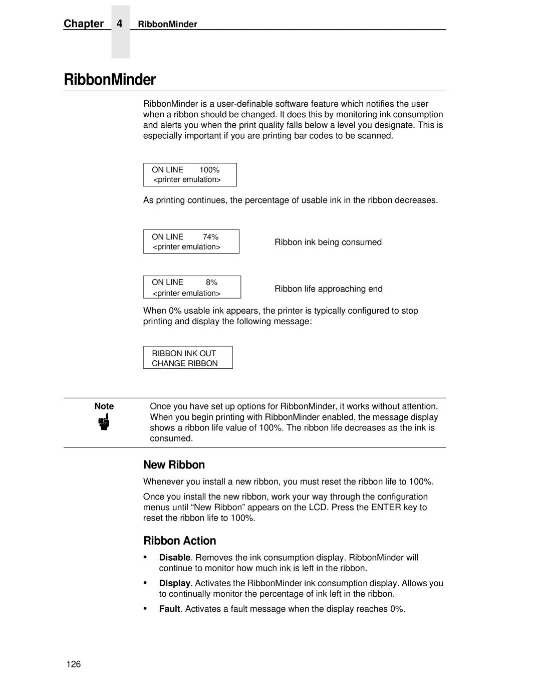 HP LQH-HW 3ULQWHUV manual RibbonMinder, New Ribbon, Ribbon Action 