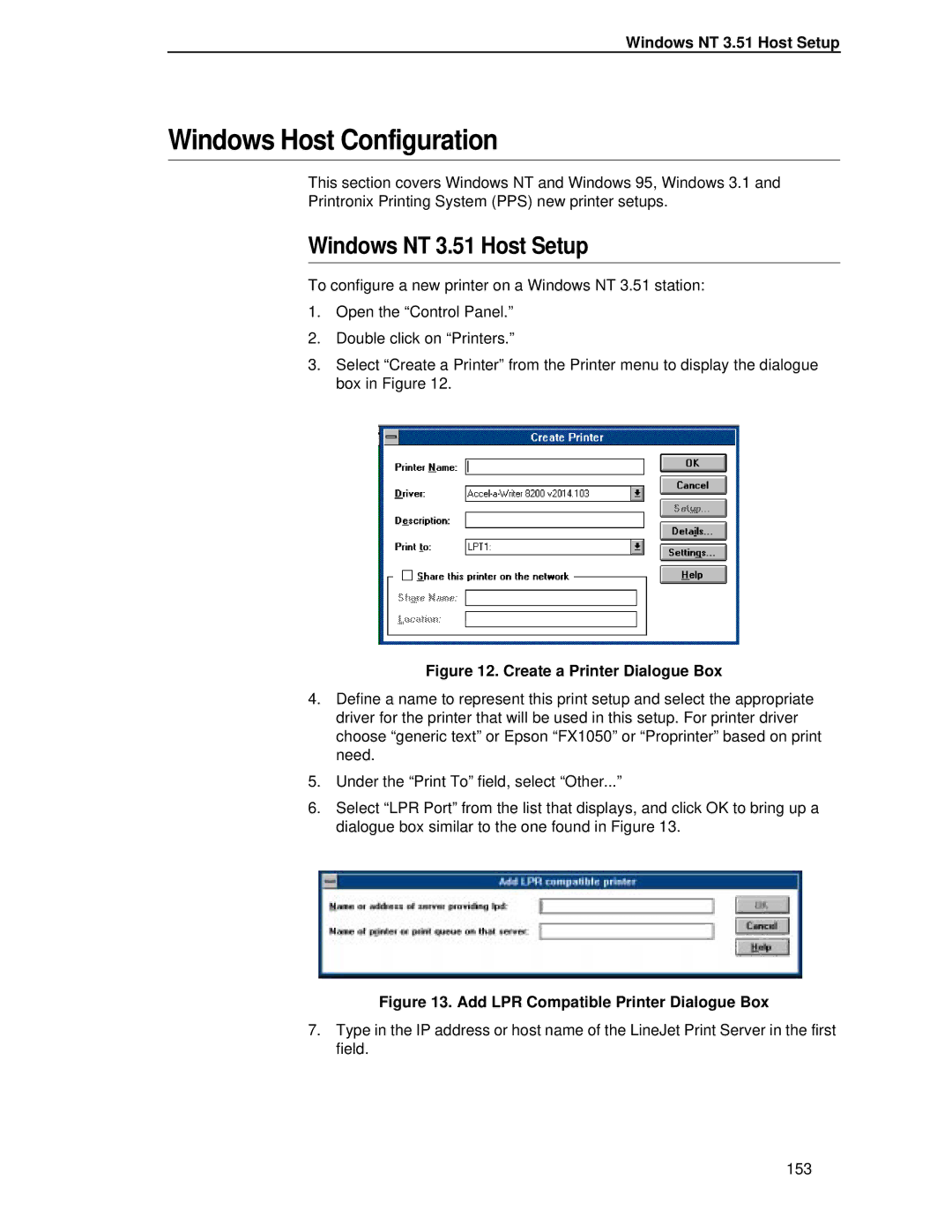 HP LQH-HW 3ULQWHUV manual Windows Host Configuration, Windows NT 3.51 Host Setup 