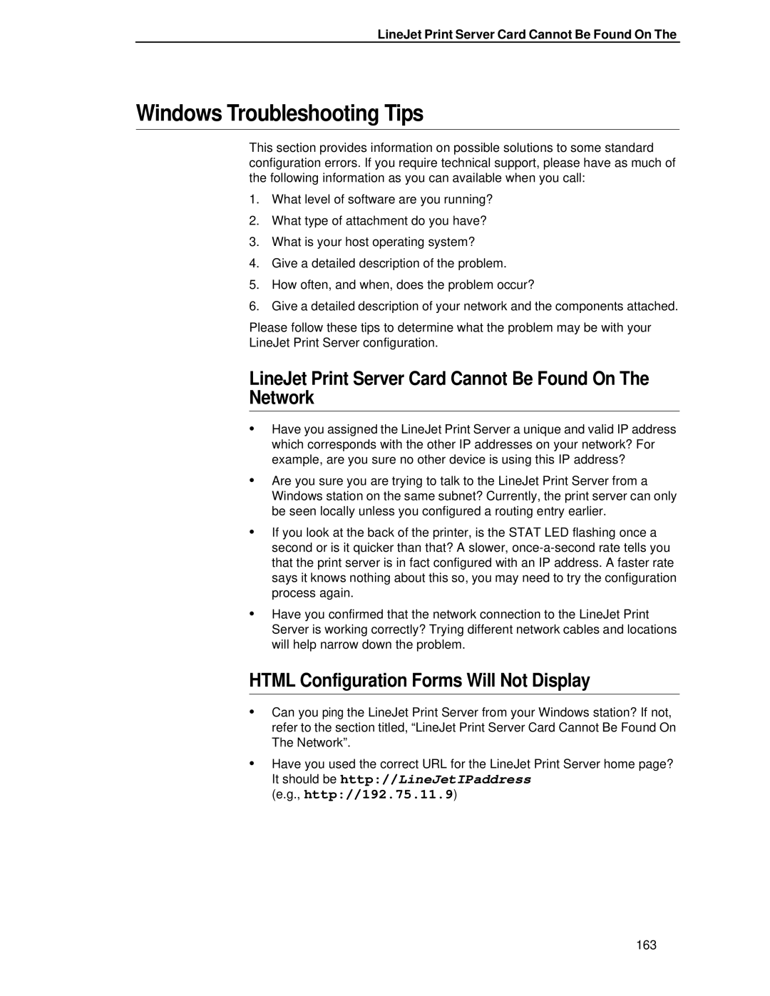 HP LQH-HW 3ULQWHUV Windows Troubleshooting Tips, LineJet Print Server Card Cannot Be Found On Network, Http//192.75.11.9 