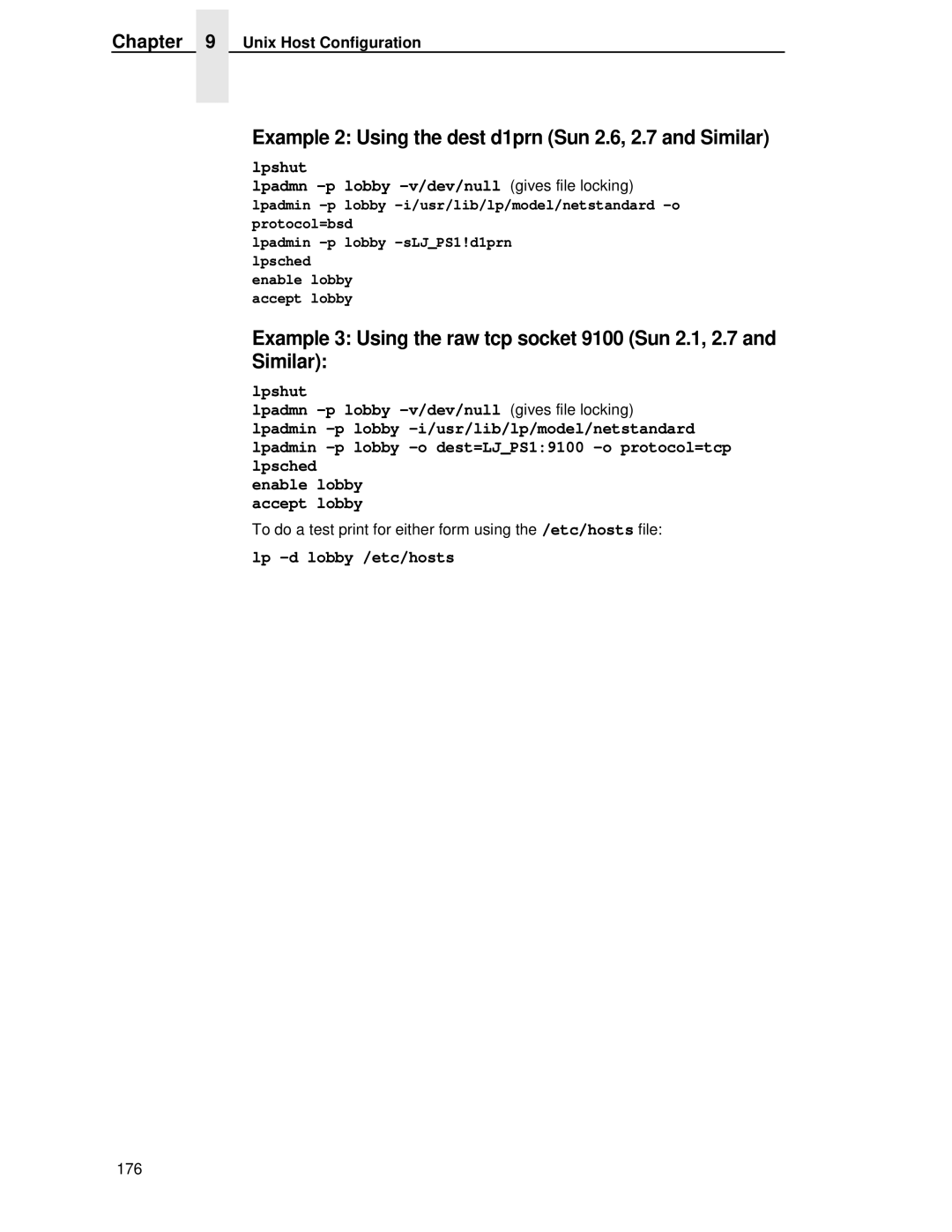 HP LQH-HW 3ULQWHUV manual Example 2 Using the dest d1prn Sun 2.6, 2.7 and Similar, Lpshut, Lp -d lobby /etc/hosts 