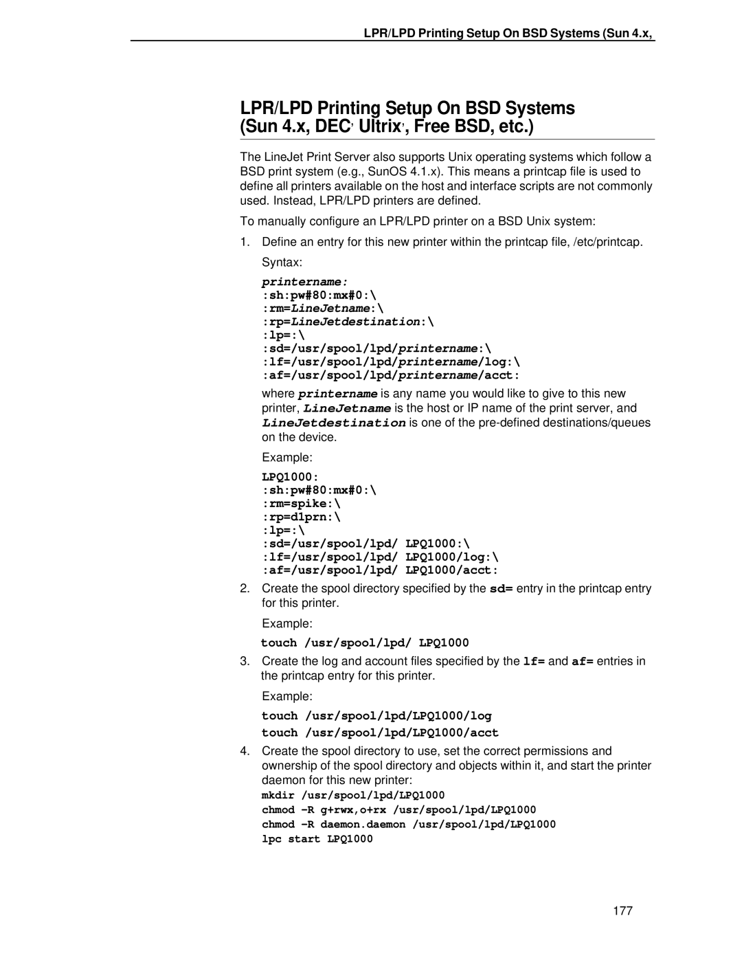 HP LQH-HW 3ULQWHUV manual LPR/LPD Printing Setup On BSD Systems, Sun 4.x, DEC Ultrix , Free BSD, etc, Printername 