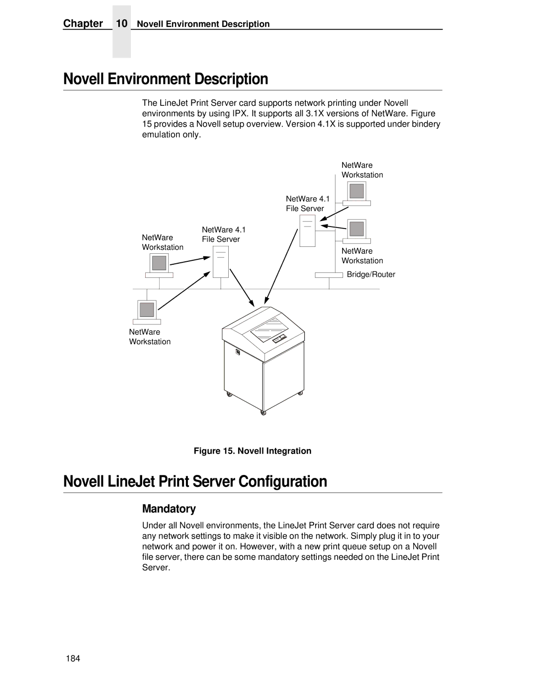 HP LQH-HW 3ULQWHUV manual Novell Environment Description, Novell LineJet Print Server Configuration, Mandatory 