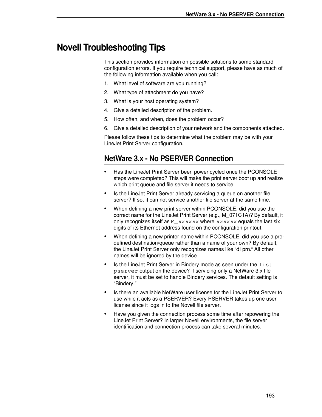 HP LQH-HW 3ULQWHUV manual Novell Troubleshooting Tips, NetWare 3.x No Pserver Connection 