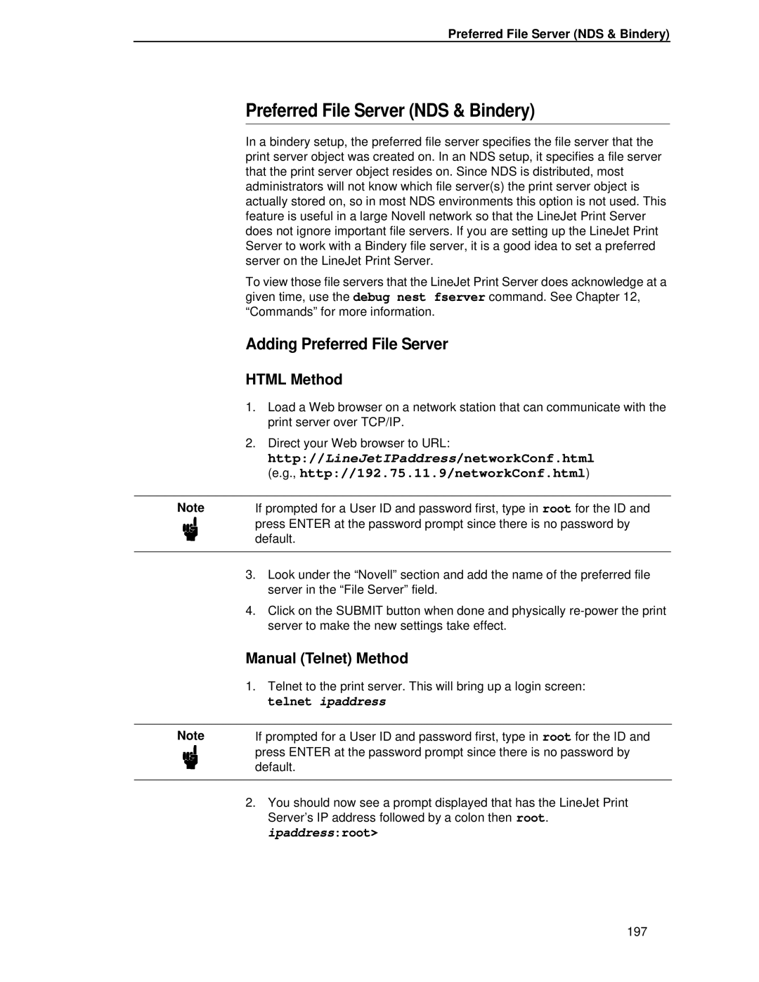 HP LQH-HW 3ULQWHUV Preferred File Server NDS & Bindery, Adding Preferred File Server, Telnet ipaddress, Ipaddressroot 