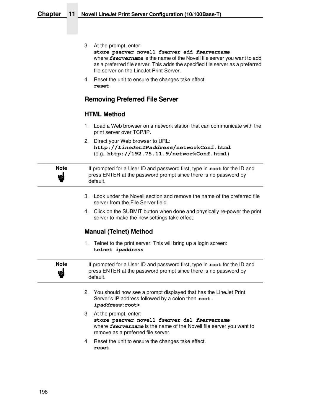 HP LQH-HW 3ULQWHUV manual Removing Preferred File Server, Store pserver novell fserver add fservername, Reset 