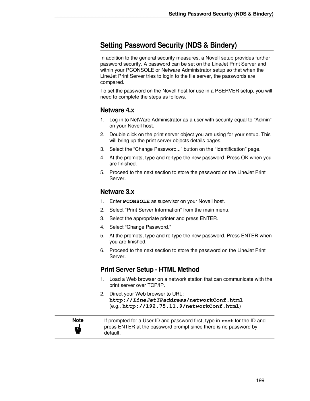 HP LQH-HW 3ULQWHUV manual Setting Password Security NDS & Bindery, Netware, Print Server Setup Html Method 