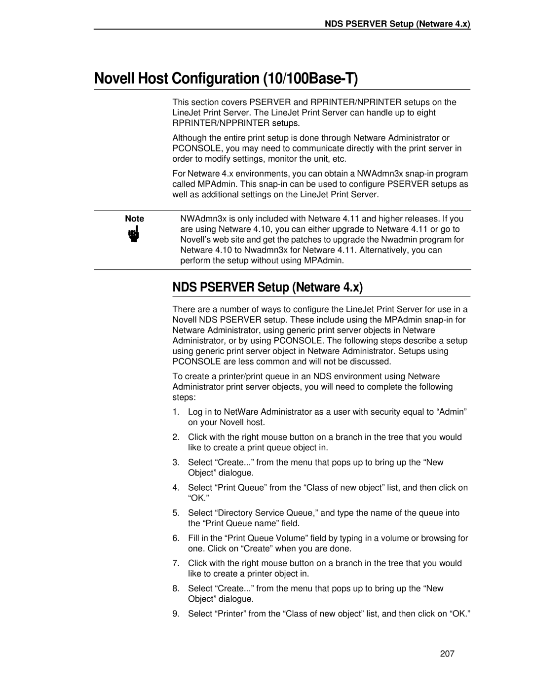 HP LQH-HW 3ULQWHUV manual Novell Host Configuration 10/100Base-T, NDS Pserver Setup Netware 