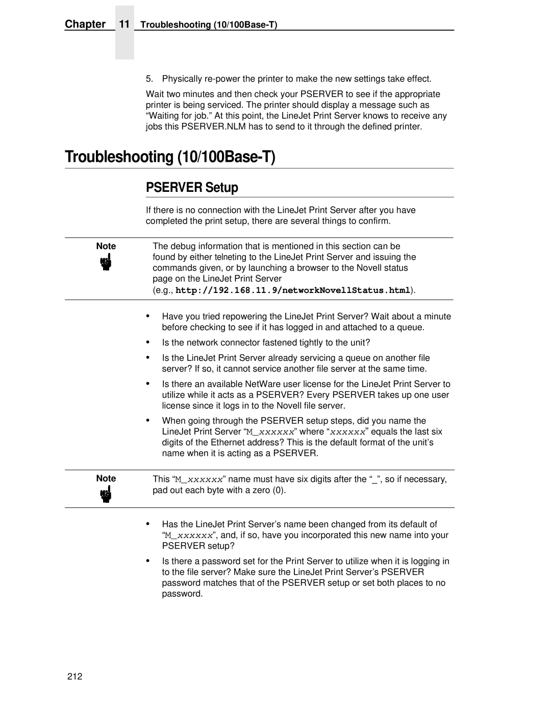 HP LQH-HW 3ULQWHUV manual Troubleshooting 10/100Base-T, Pserver Setup, Http//192.168.11.9/networkNovellStatus.html 