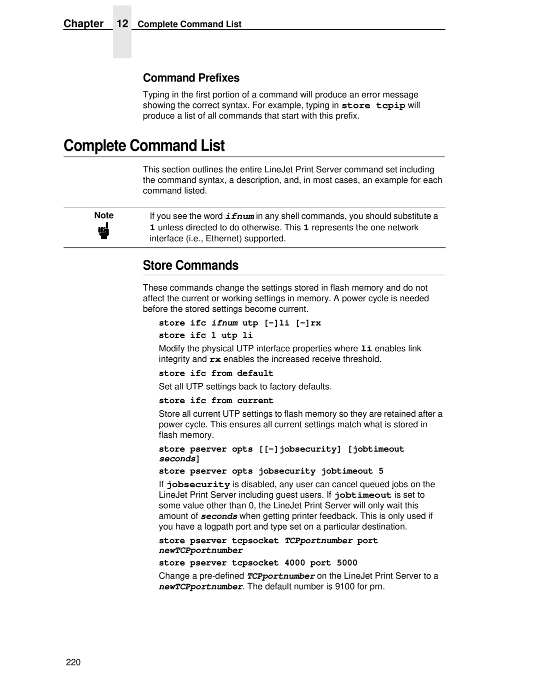 HP LQH-HW 3ULQWHUV Complete Command List, Store Commands, Command Prefixes, Store ifc ifnum utp -li -rx store ifc 1 utp li 