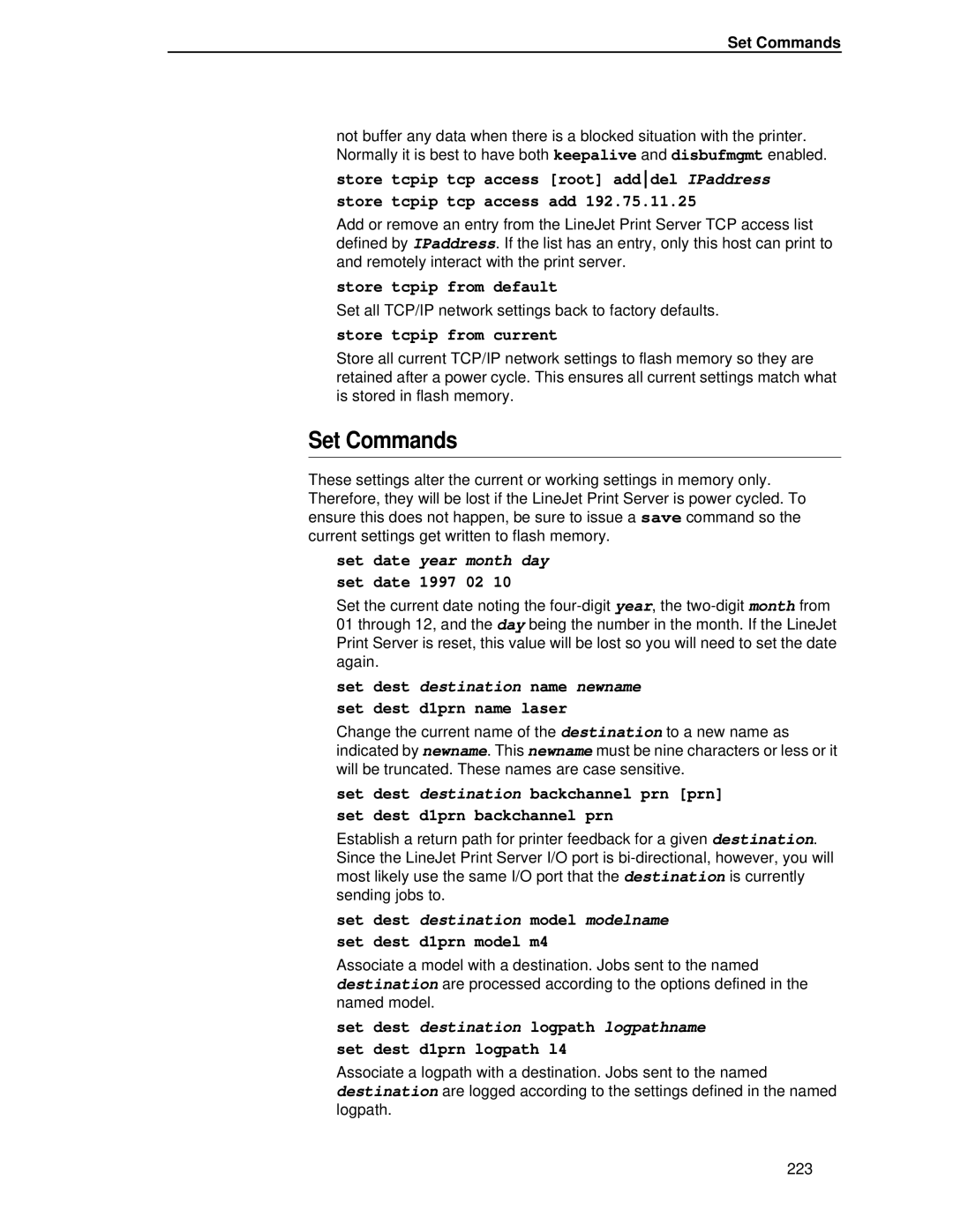 HP LQH-HW 3ULQWHUV manual Set Commands, Set date year month day, Set dest destination name newname 