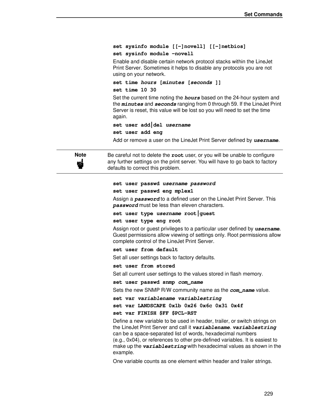 HP LQH-HW 3ULQWHUV Set time hours minutes seconds, Set user passwd username password, Set var variablename variablestring 