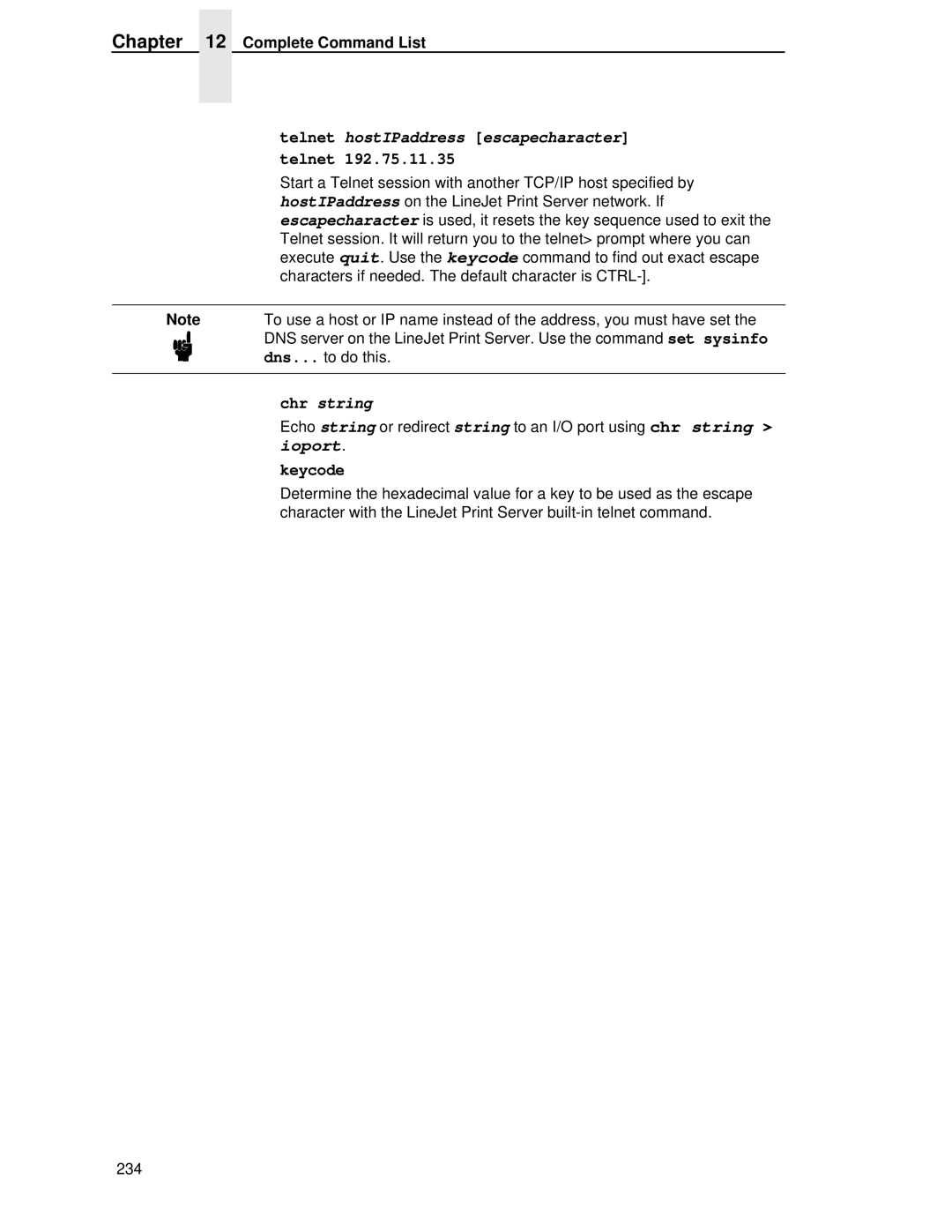 HP LQH-HW 3ULQWHUV manual Telnet hostIPaddress escapecharacter, Chr string, Ioport, Keycode 