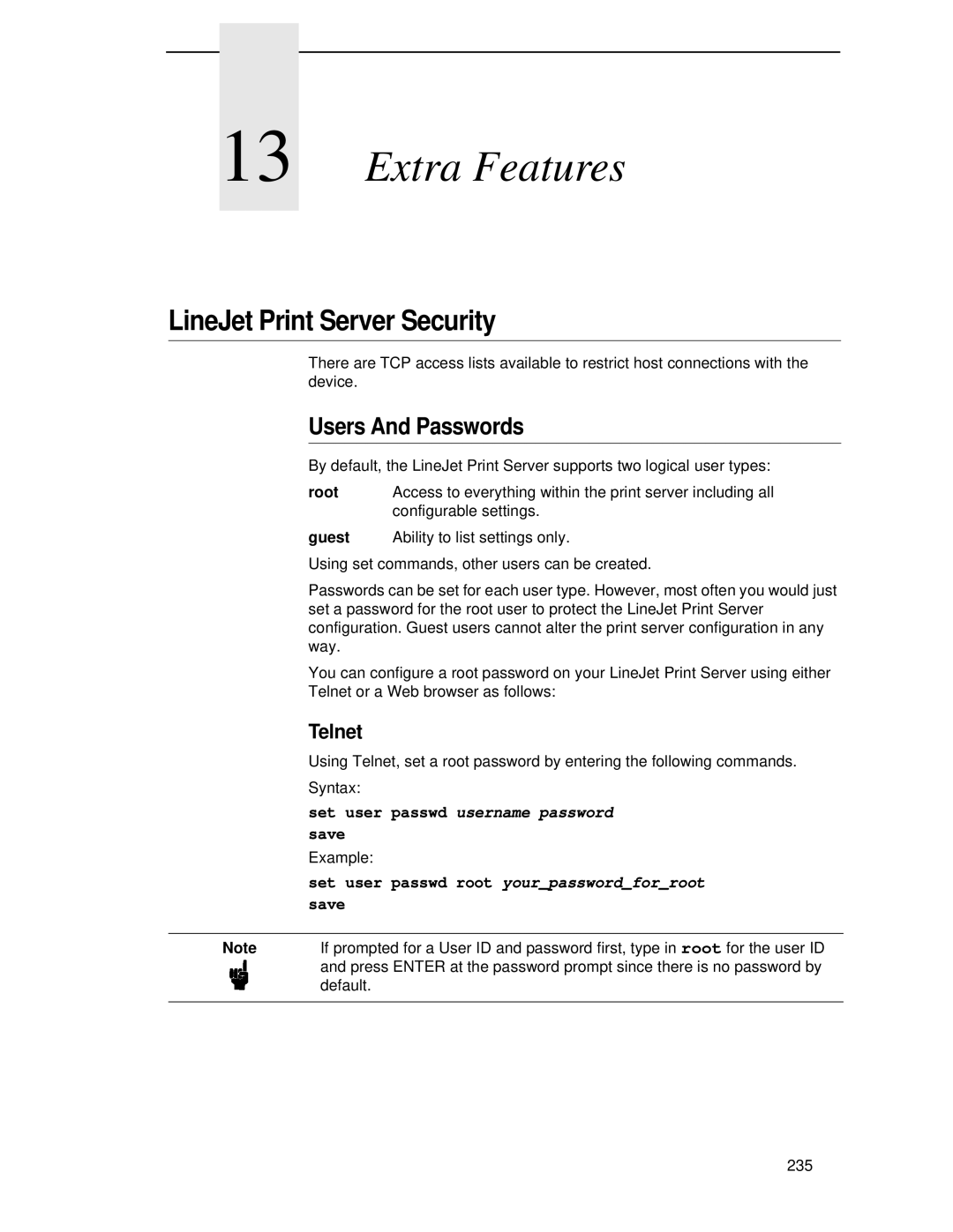 HP LQH-HW 3ULQWHUV manual Extra Features, LineJet Print Server Security, Users And Passwords 