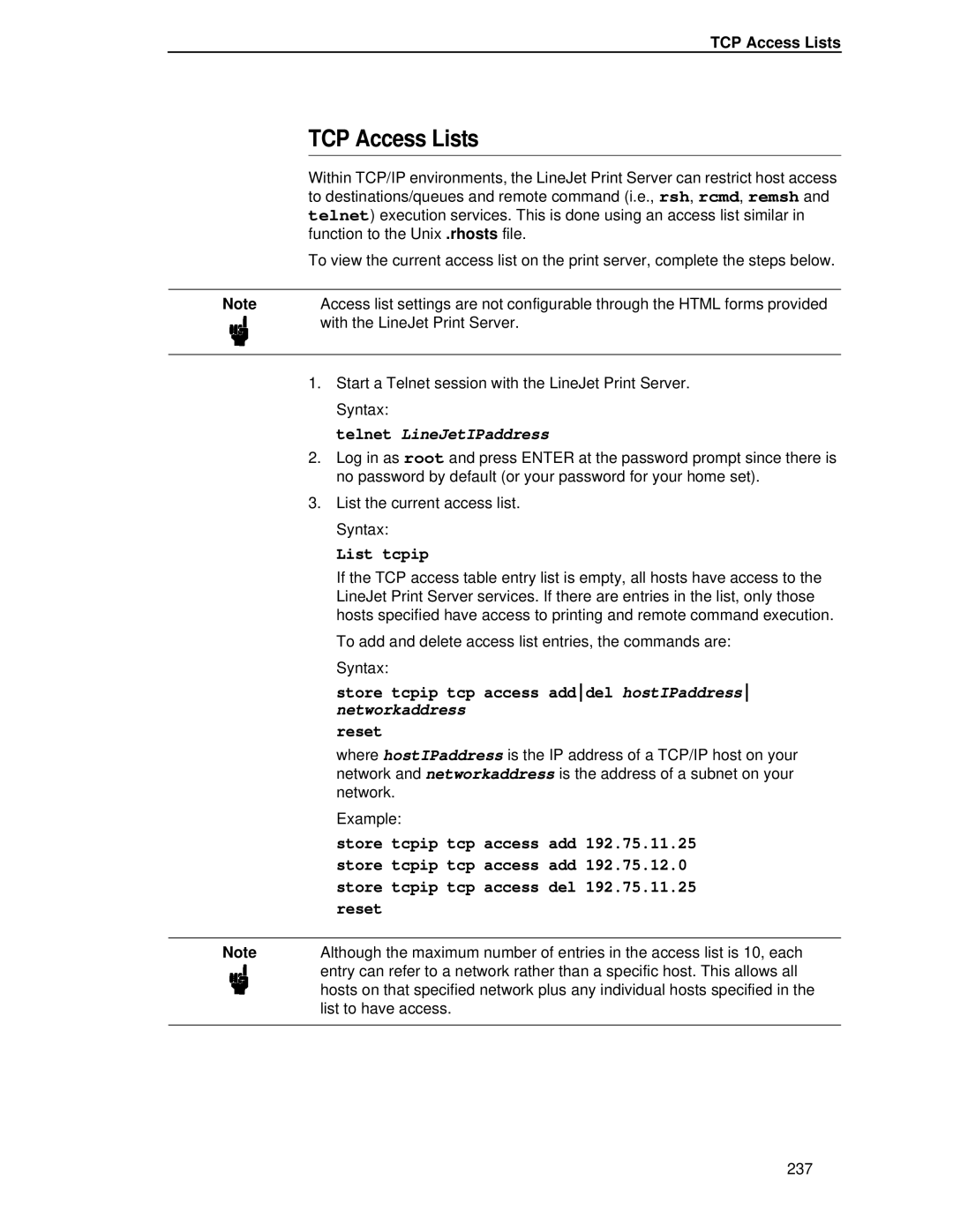 HP LQH-HW 3ULQWHUV manual TCP Access Lists, Telnet LineJetIPaddress 