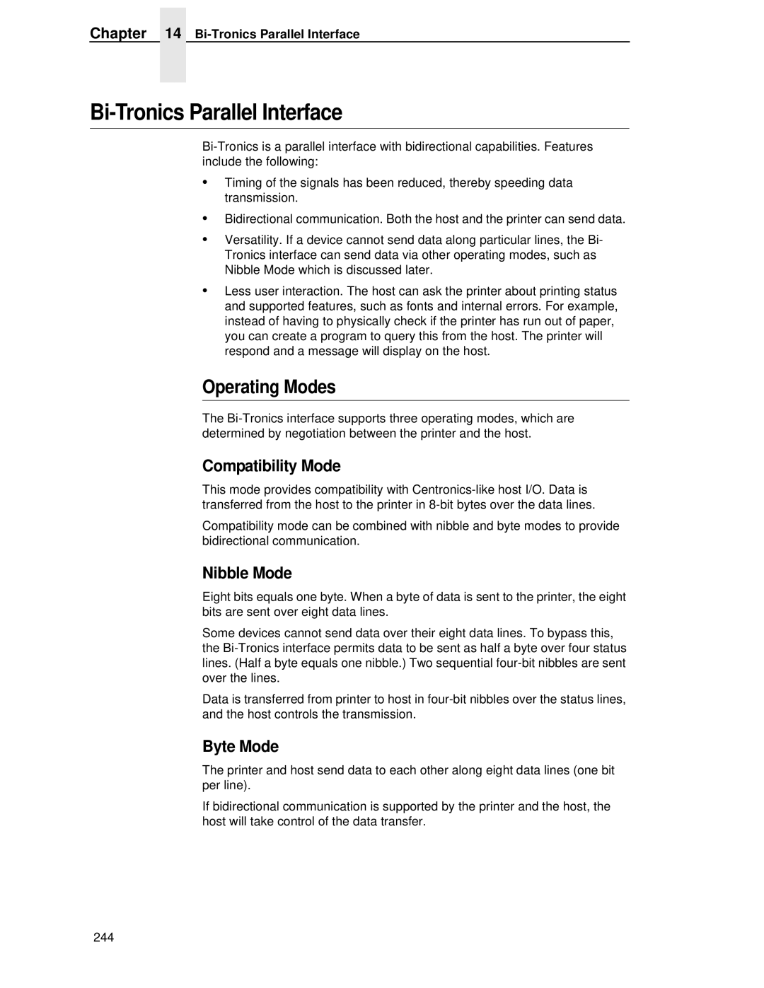 HP LQH-HW 3ULQWHUV manual Bi-Tronics Parallel Interface, Compatibility Mode, Nibble Mode, Byte Mode 