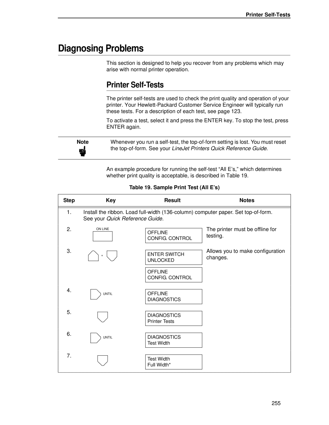 HP LQH-HW 3ULQWHUV manual Diagnosing Problems, Printer Self-Tests, Sample Print Test All E’s Step Key Result 