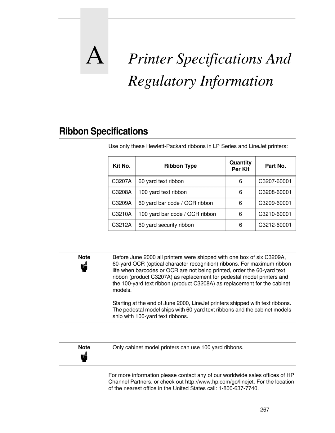 HP LQH-HW 3ULQWHUV manual Printer Specifications Regulatory Information, Ribbon Specifications 