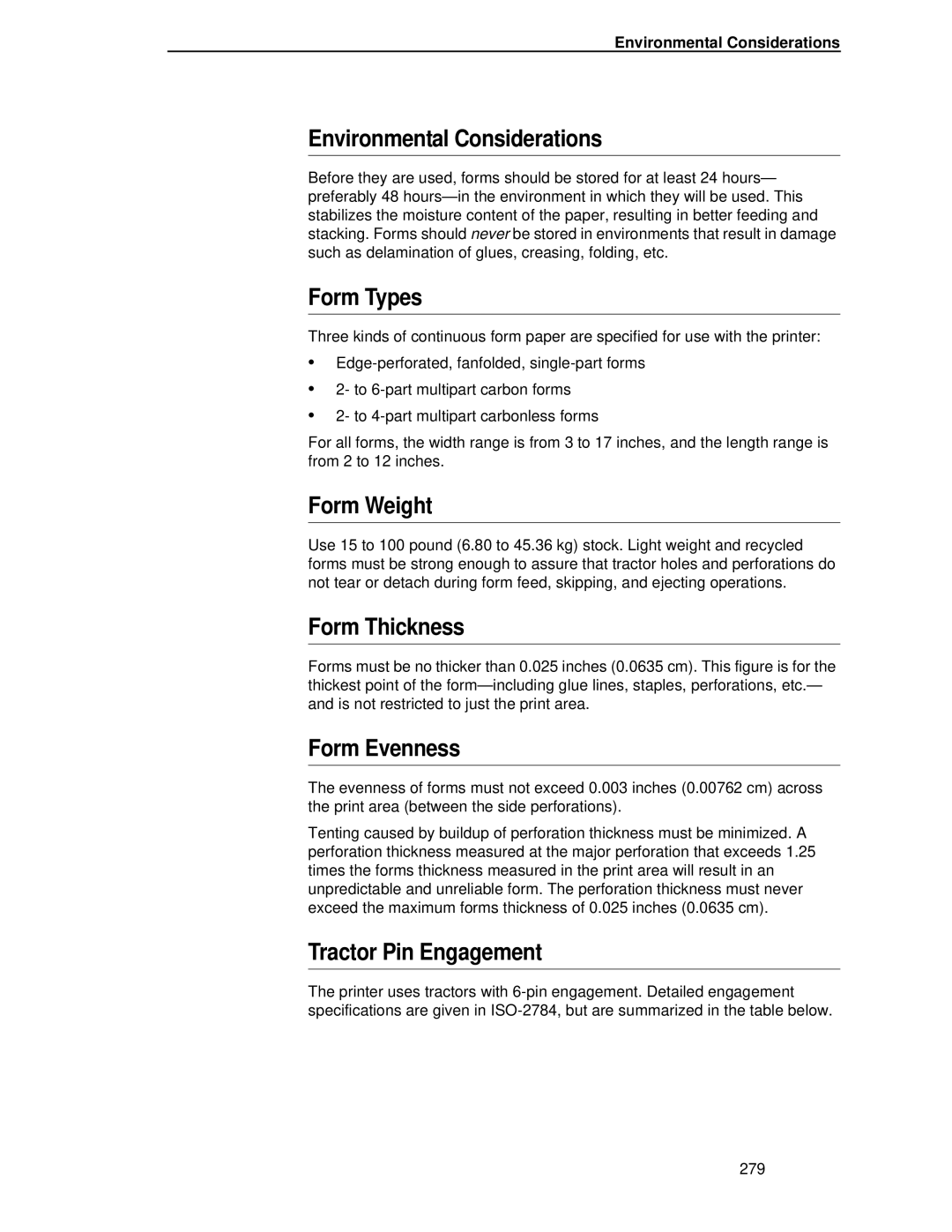 HP LQH-HW 3ULQWHUV manual Environmental Considerations, Form Types, Form Weight, Form Thickness, Form Evenness 