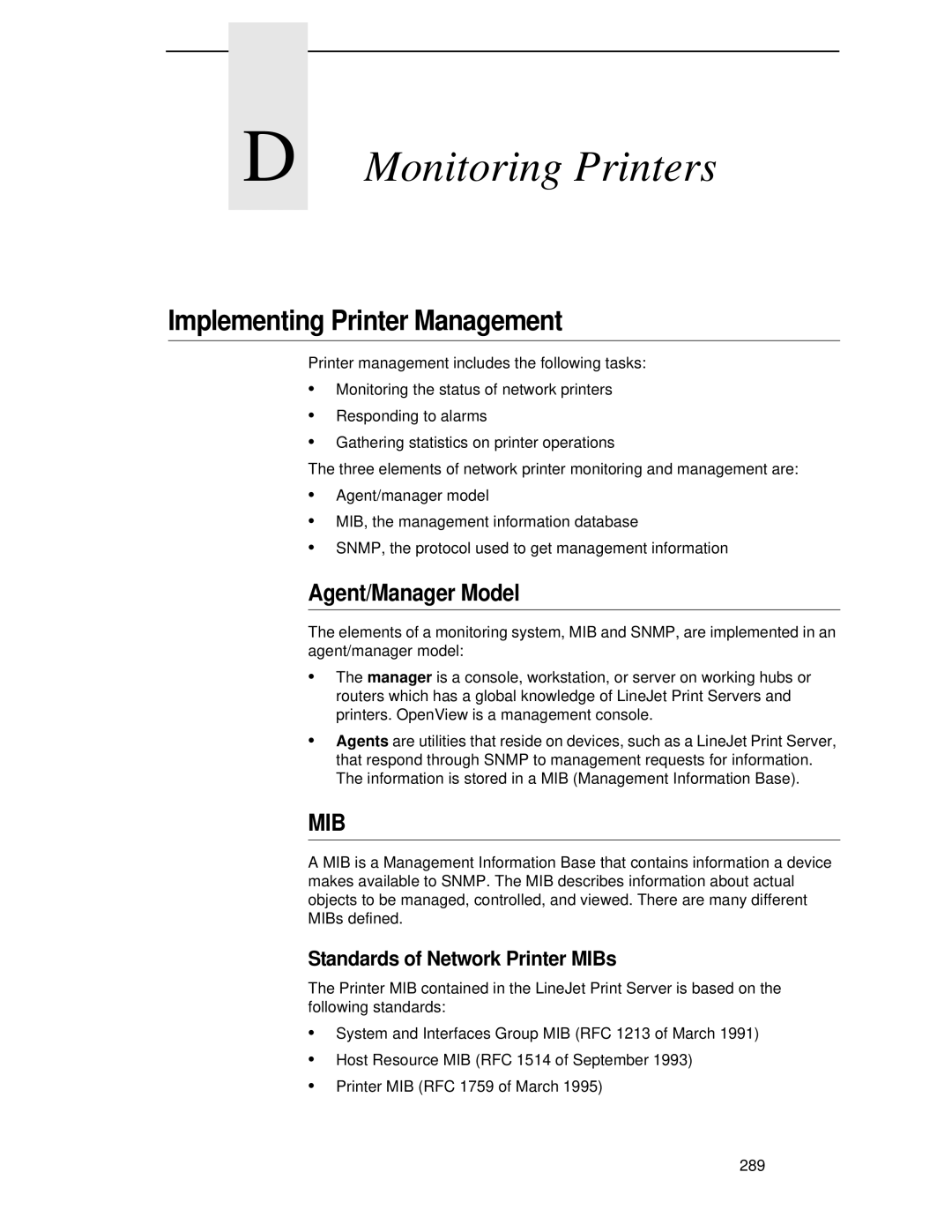 HP LQH-HW 3ULQWHUV manual Monitoring Printers, Implementing Printer Management, Agent/Manager Model 