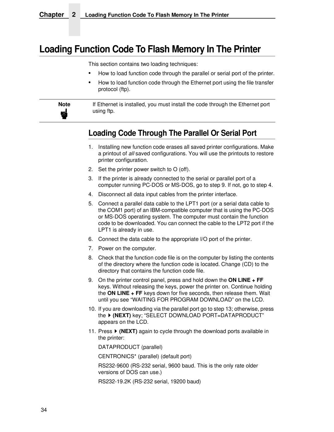 HP LQH-HW 3ULQWHUV Loading Function Code To Flash Memory In The Printer, Loading Code Through The Parallel Or Serial Port 