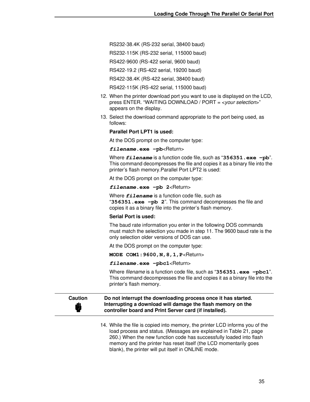 HP LQH-HW 3ULQWHUV manual Mode COM19600,N,8,1,PReturn filename.exe -pbc1Return 