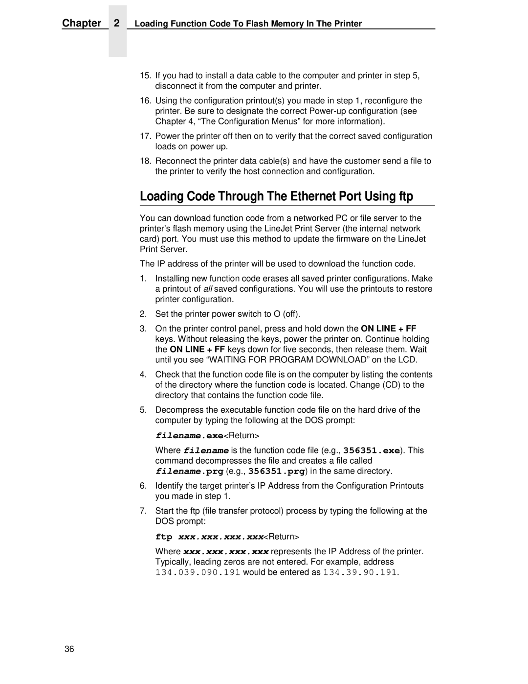 HP LQH-HW 3ULQWHUV manual Loading Code Through The Ethernet Port Using ftp, Filename.exeReturn, Ftp xxx.xxx.xxx.xxxReturn 