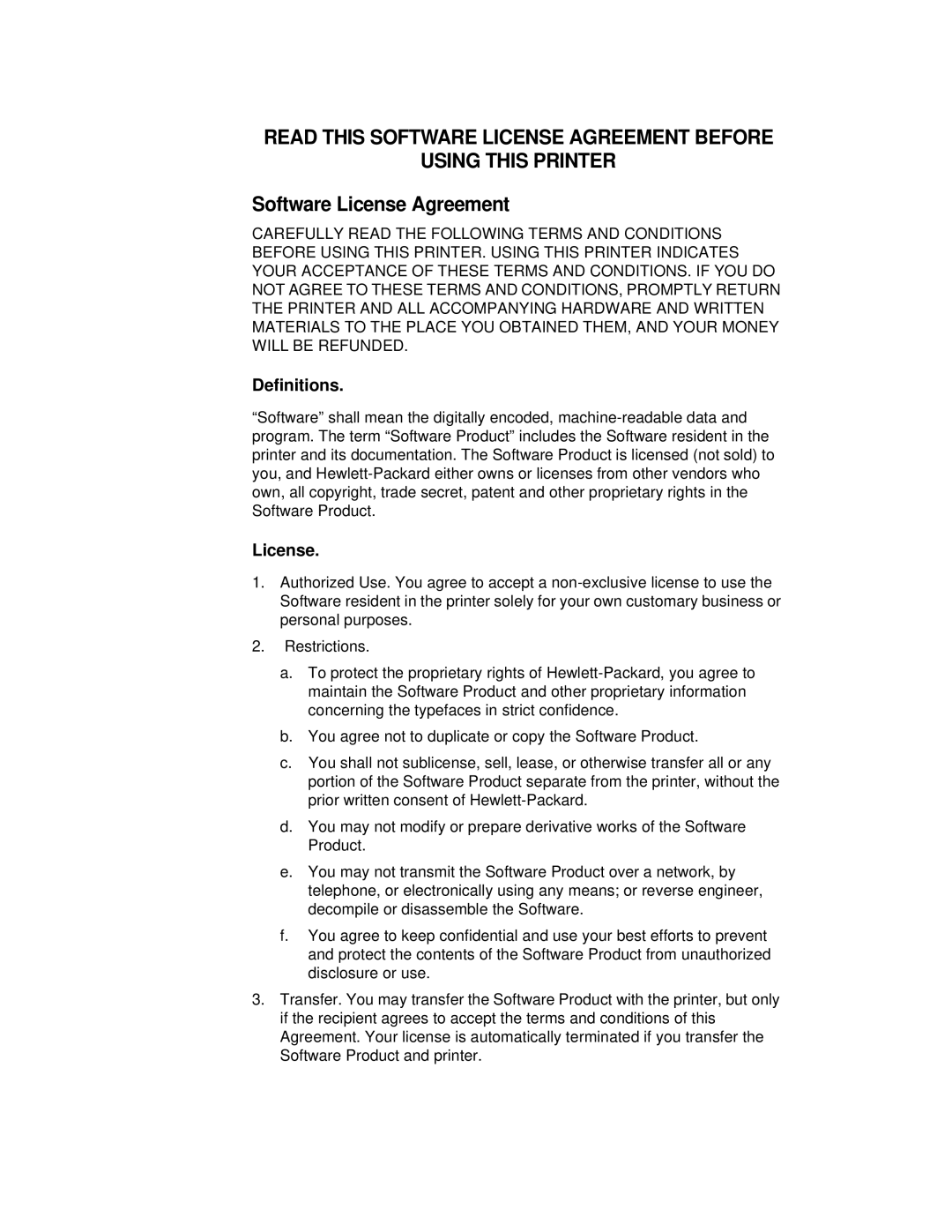 HP LQH-HW 3ULQWHUV manual Software License Agreement, Definitions 