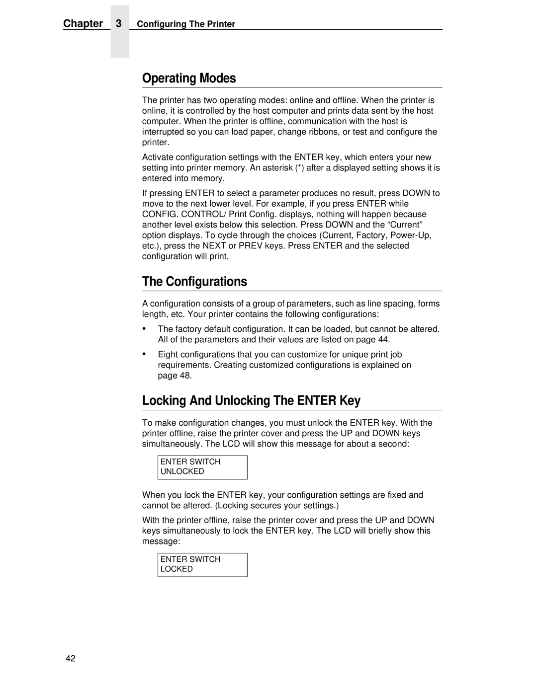 HP LQH-HW 3ULQWHUV manual Operating Modes, Configurations, Locking And Unlocking The Enter Key 