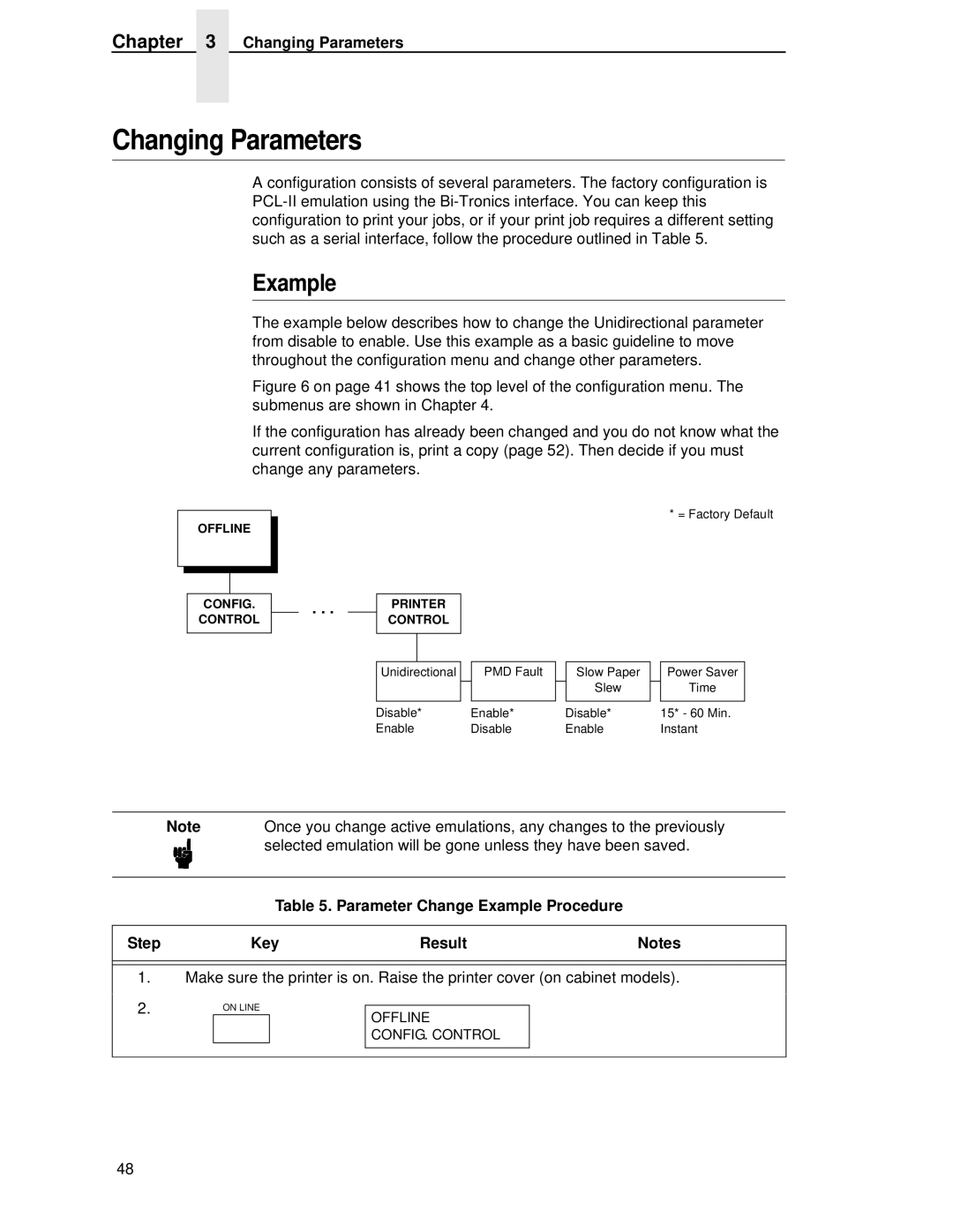 HP LQH-HW 3ULQWHUV manual Changing Parameters, Example, Selected emulation will be gone unless they have been saved 