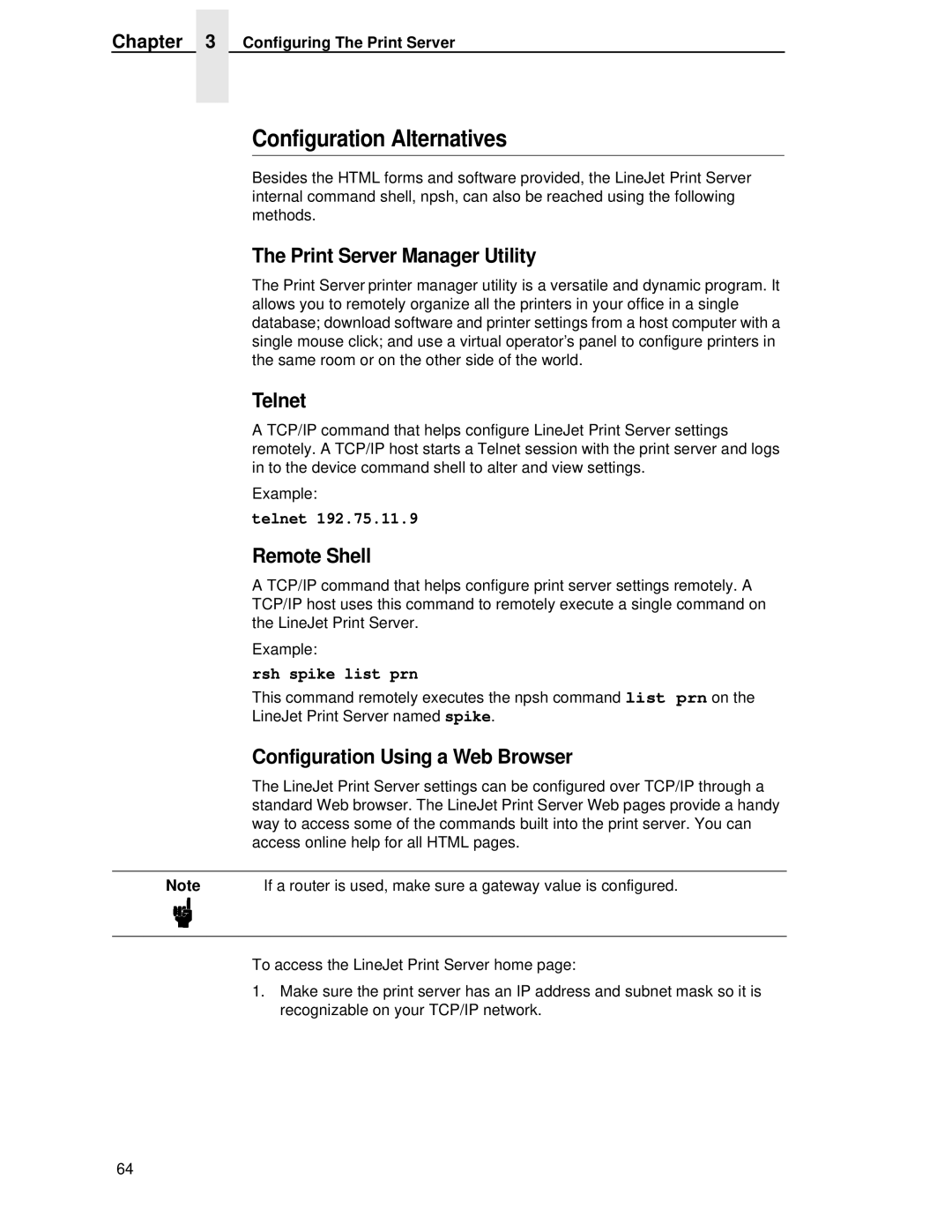 HP LQH-HW 3ULQWHUV manual Configuration Alternatives, Print Server Manager Utility, Telnet, Remote Shell 